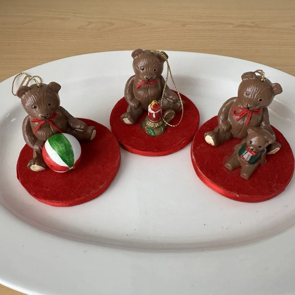 Vtg 80s Christmas Teddy Bear Ornaments w/ Ball Candle Lot 3‎ Kitsch Taiwan Red